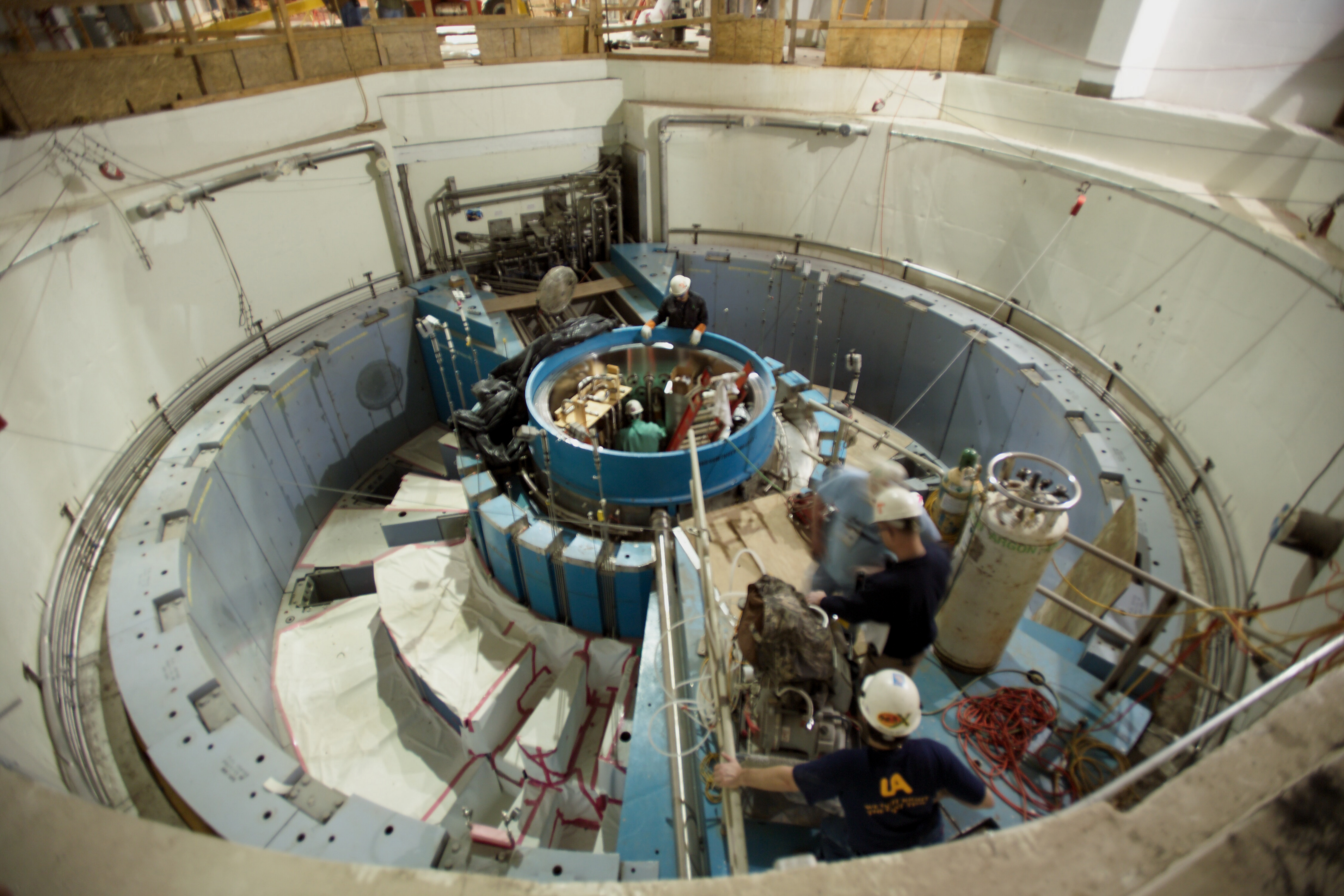 From 2005, installation nearing completion of the target building interior where neutrons are created via spallation and sent to the surrounding instruments for research. (Credit: ORNL/Curtis Boles)  