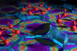 Red arrows represent electron spin orientations in a portion of the YbMgGaO4 crystal structure, where antiferromagnetic interactions between groups of magnetic moments cause neighboring spins to align anti-parallel to one another. This mechanism is partially responsible for the quantum spin liquid behavior observed in the neutron scattering data, illustrated on the hexagonal tiles. (Image credit: ORNL/Jill Hemman)