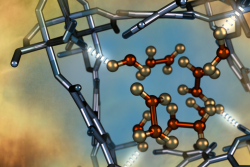 Illustration of a nitrogen dioxide molecule (depicted in red and gold) confined within a nano-size pore of an MFM-300(Al) metal-organic framework material as characterized using neutron scattering at Oak Ridge National Laboratory. Image credit: ORNL/Jill Hemman