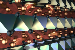 An artistic rendition of the intriguing superionic crystalline structure of CuCrSe2, which has copper ions that move like liquid between solid layers of chromium and selenium, giving rise to useful electrical properties. Credit - Oak Ridge National Laboratory/Jill Hemman
