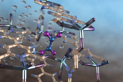Illustration of a nitrogen dioxide molecule (depicted in blue and purple) captured in a nano-size pore of an MFM-520 metal-organic framework material as observed using neutron vibrational spectroscopy at Oak Ridge National Laboratory. Credit: ORNL/Jill Hemman