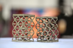 Energy absorbing cast aluminum lattice samples, before deformation (left) and after deformation (right), were examined at HFIR’s polychromatic cold neutron beamline (CG-1D) for structural quality and behavior under loads. (Image credit: ORNL/Genevieve Martin)