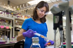 Biochemistry Ph.D. student Gabriela Schroder works at Oak Ridge National Laboratory. (Photo by Genevieve Martin)