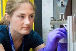 Stacey Bagg, research engineer from NASA’s Marshall Space Flight Center, is using HFIR beam line HB-2B, to study residual stress in additive manufactured rocket engine components to qualify them for space flight. Image credit: Genevieve Martin/ORNL. 