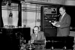 Ernest Wollan (left) and Clifford Shull work with a double-crystal neutron spectrometer at the ORNL X-10 Graphite Reactor in 1949.