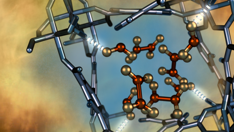 Illustration of a nitrogen dioxide molecule (depicted in red and gold) confined within a nano-size pore of an MFM-300(Al) metal-organic framework material as characterized using neutron scattering at Oak Ridge National Laboratory. Image credit: ORNL/Jill Hemman