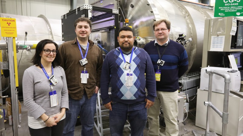 Researchers from NIST and the University of Maryland are using neutrons to improve simulated DNA and RNA structures for broad medical and pharmaceutical applications. From left, Christina Bergonzo, Chad Lawrence, Roderico Acevedo, and Alexander Grishaev. (Credit: ORNL/Genevieve Martin)