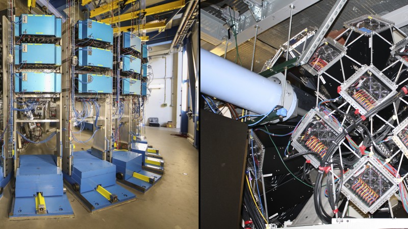 Detectors at SNS and HFIR help researchers study scattered neutrons to better understand the nature of materials. An ORNL team designs detectors tailored to meet the specifications of each instrument, such as the WLS detectors installed at the recently upgraded POWGEN, SNS beamline 11A (left), and the Anger cameras installed at MaNDi, SNS beamline 11B (right). (Image credit: ORNL/Genevieve Martin)