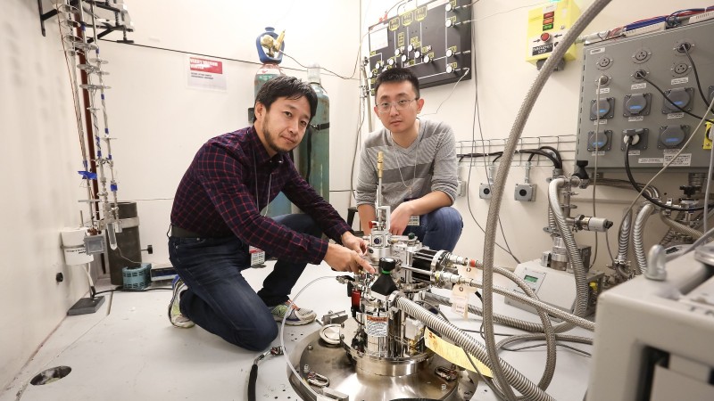 Researchers Kensuke Takechi (left) and Ruidong Yang of TRI-NA