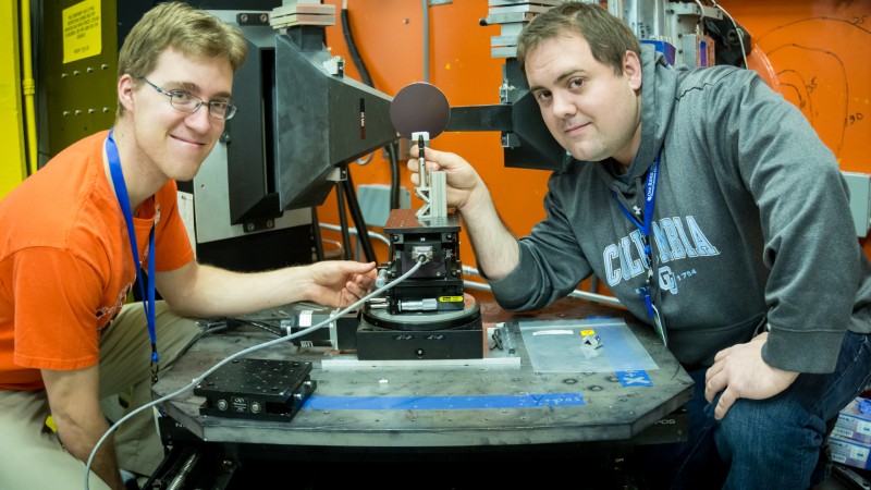 IMAGE CAPTION: John Einhorn (left) and Matt Steiner working with the Neutron Residual Stress Mapping Facility instrument, beamline HB-2B, at ORNL’s High Flux Isotope Reactor. (Image credit: Genevieve Martin)