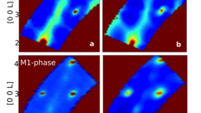 Thermal diffuse scattering in metallic (R-phase) and insulating (M1-phase) states of single-crystalline VO2. Left panels are experimental x-ray data and right panels are simulations performed within CAMM.