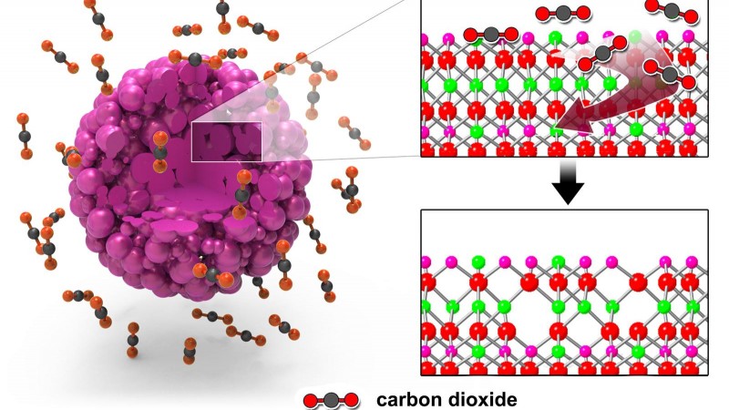Left: The surface of a lithium-rich cathode particle is treated with carbon dioxide gas. Right: Carbon dioxide gas molecules extract oxygen atoms from the lattice of the lithium-rich cathode particle to create oxygen vacancies at the surface. Credit: Laboratory for Energy Storage and Conversion, UC San Diego.