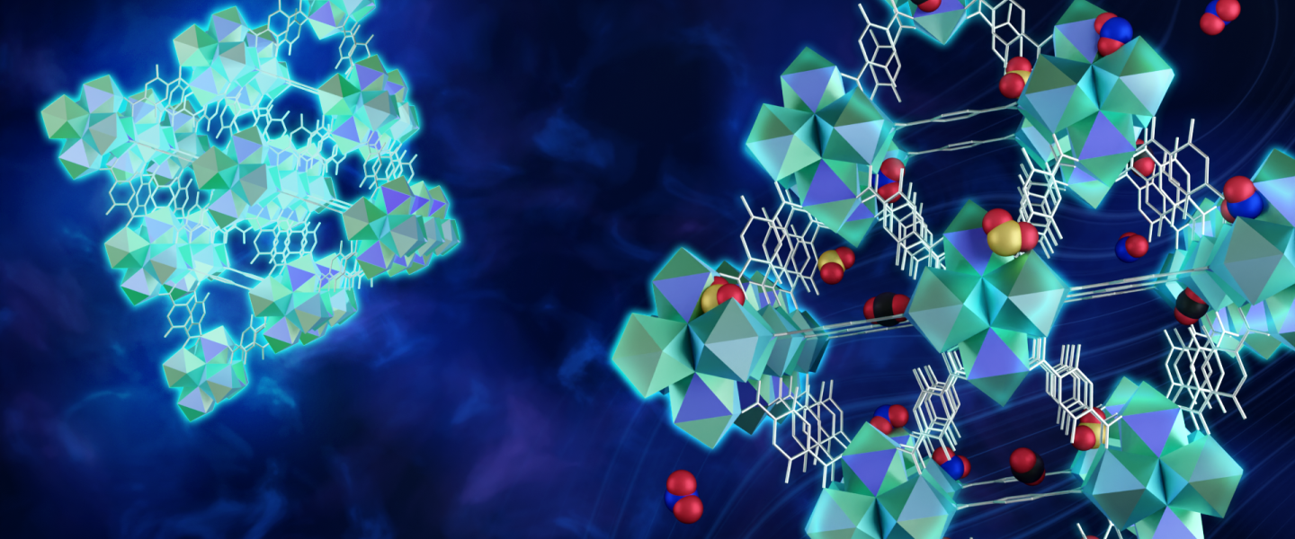 Researchers investigated a metal-organic framework (MOF) made of rare-earth materials that acts like a cage used to trap and prevent toxic gas molecules from escaping into the atmosphere. In this artistic interpretation, the glowing effect represents a po