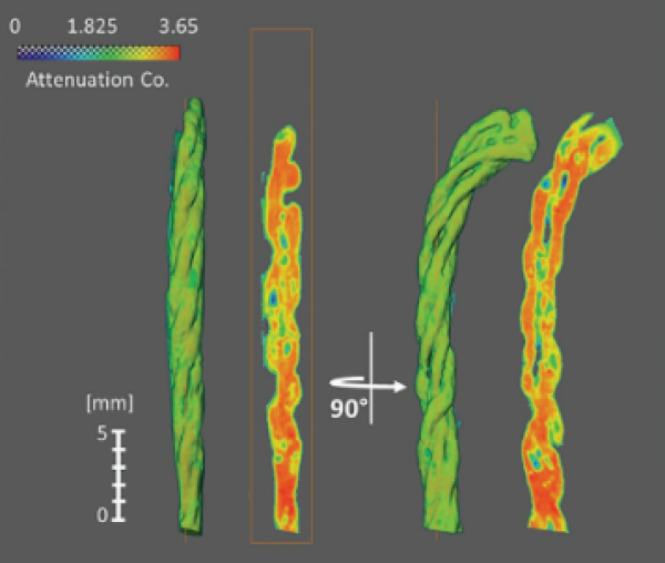 Neutron tomography images of chitosan-coated cellulosic cotton yarn 