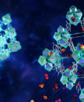 Researchers investigated a metal-organic framework (MOF) made of rare-earth materials that acts like a cage used to trap and prevent toxic gas molecules from escaping into the atmosphere. In this artistic interpretation, the glowing effect represents a po