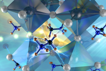 Neutron interactions revealed the orthorhombic structure of the hybrid perovskite stabilized by the strong hydrogen bonds between the nitrogen substituent of the methylammonium cations and the bromides on the corner-linked PbBr6 octahedra. (Image credit: ORNL/Jill Hemman)