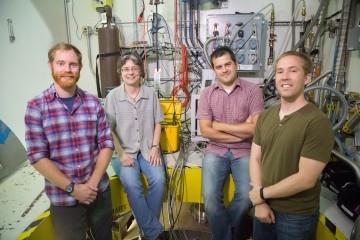 From left, Scientific Laboratories team member Nathan Helton, and NOMAD team members Joan Siewenie, Mikhail Feygenson and John Carruth made sure a potentially hazardous experiment went right. Image credit: Genevieve Martin/ORNL.